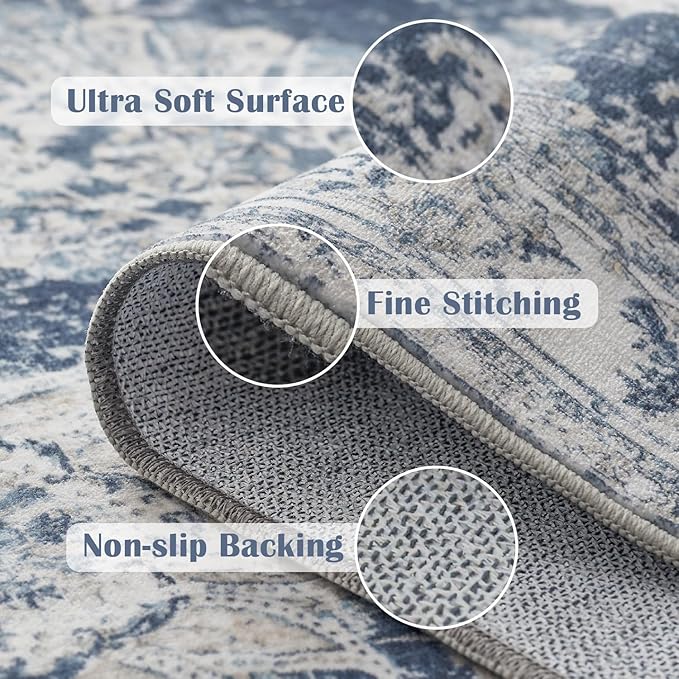 jinchan Runner Rug 2x6 Washable Hallway Runner - Vintage Floral Non Slip Low-Pile Soft Thin Kitchen Rug Distressed Carpet for Farmhouse Bedroom Entryway Laundry Room(2x6ft,Dark Blue)-BubblyBeeBaby