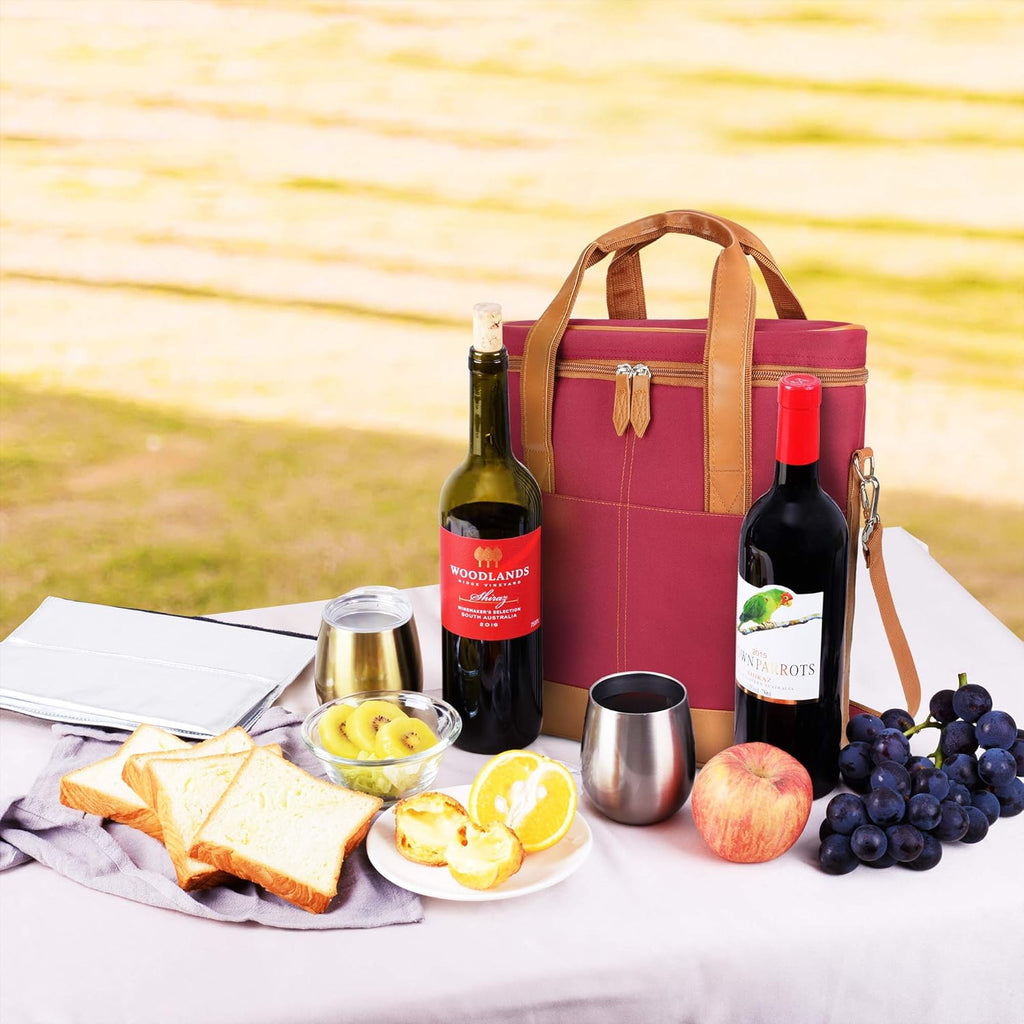 Tirrinia Insulated Wine Gift carrier - 3 Bottle Travel Padded Wine Carry Cooler Tote Bag with Handle and Adjustable Shoulder Strap, Red