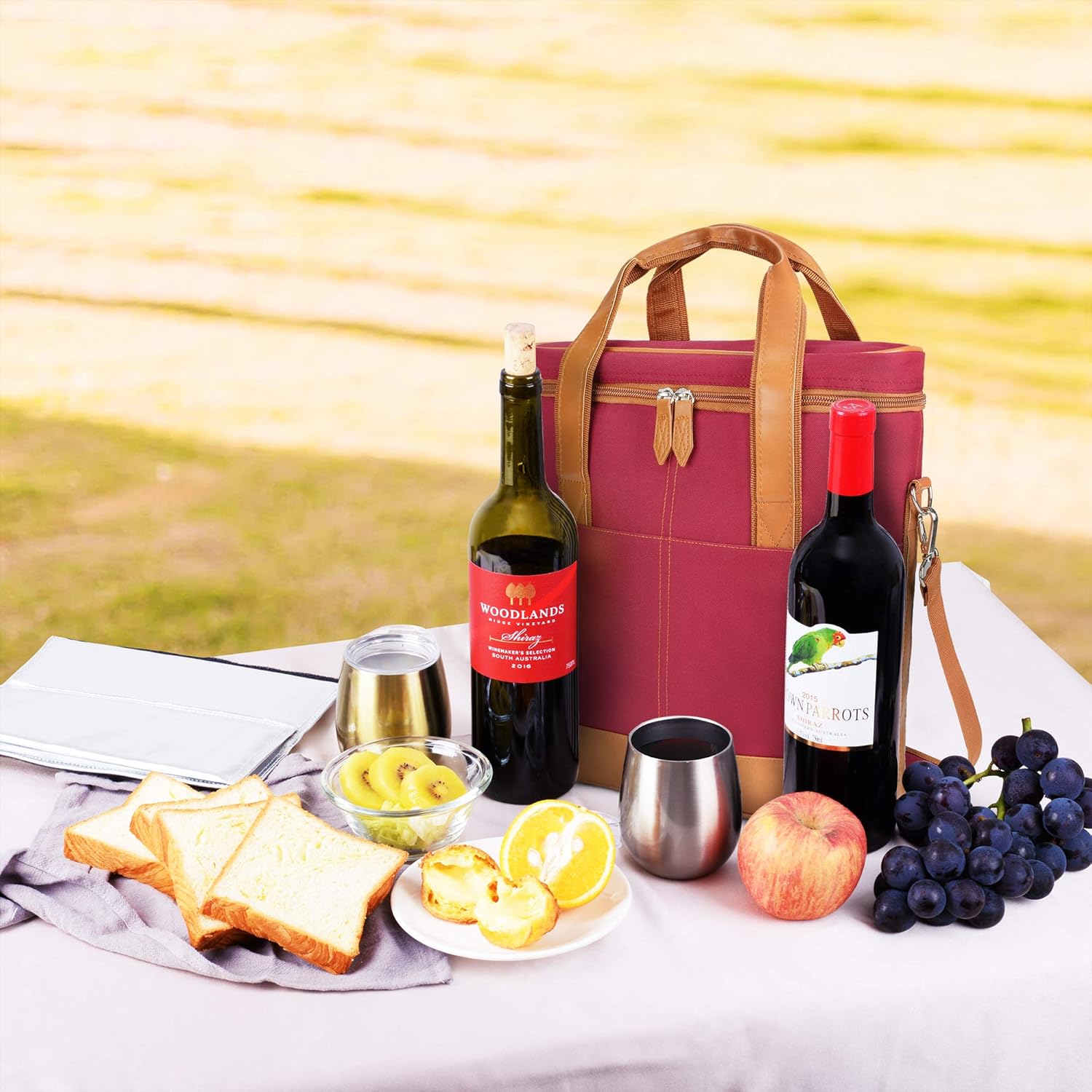 Tirrinia Insulated Wine Gift carrier - 3 Bottle Travel Padded Wine Carry Cooler Tote Bag with Handle and Adjustable Shoulder Strap, Red