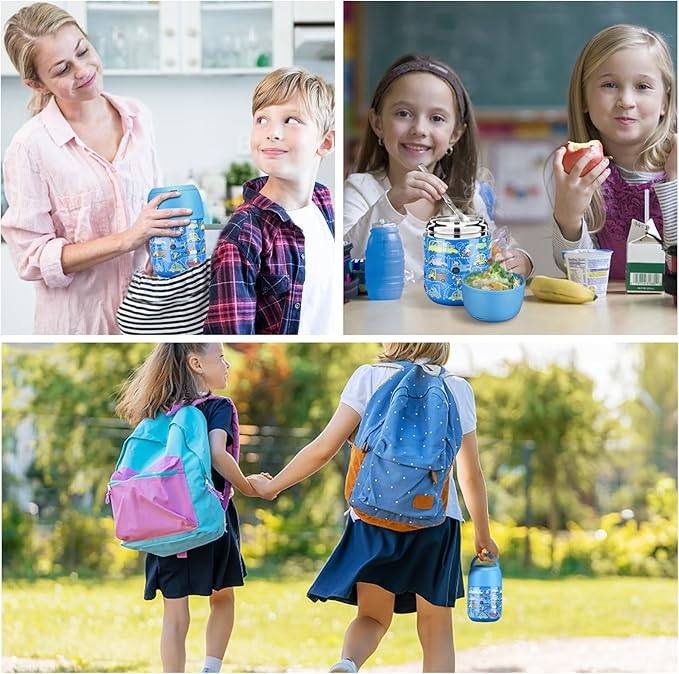 17 oz Insulated Lunch Containers Hot Food Jar, Wide Mouth Lunch Thermo for Kids Adults, Vacuum Stainless Steel Lunch Box With Handle Folding Spoon for School, Office Blue - Car-BubblyBeeBaby