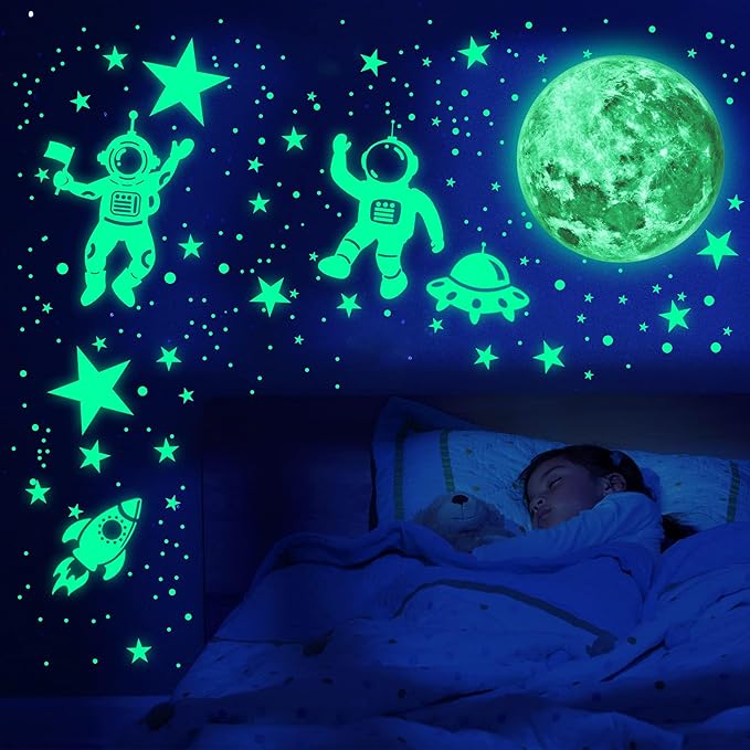1017Pcs Glow in The Dark Stars for Ceiling Glow in The Dark Moon and Space Wall Decals Luminous Astronaut Universe Planet Galaxy Wall Stickers for Kids Boys Girls Bedroom Green-BubblyBeeBaby