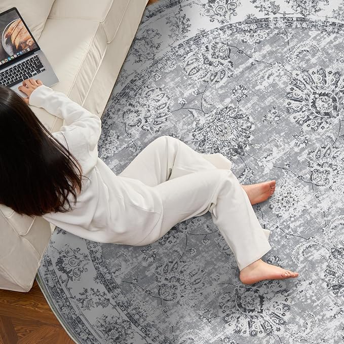 jinchan Round Rug 4ft Area Rug - Indoor Vintage Hallway Circle 4' Washable - Ultra-Thin Low Pile Soft Small Non Slip Distressed Floral Print for Living Room Dining Room Bedroom Entryway Grey-BubblyBeeBaby