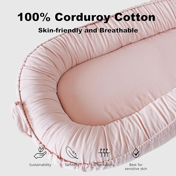 Infant Lounger, Baby Nest Cover for Baby Girls & Boys, Newborn Essentials for Baby 0-18+ Months, 100% Cotton Breathable (Mistyrose, Corduroy)-BubblyBeeBaby
