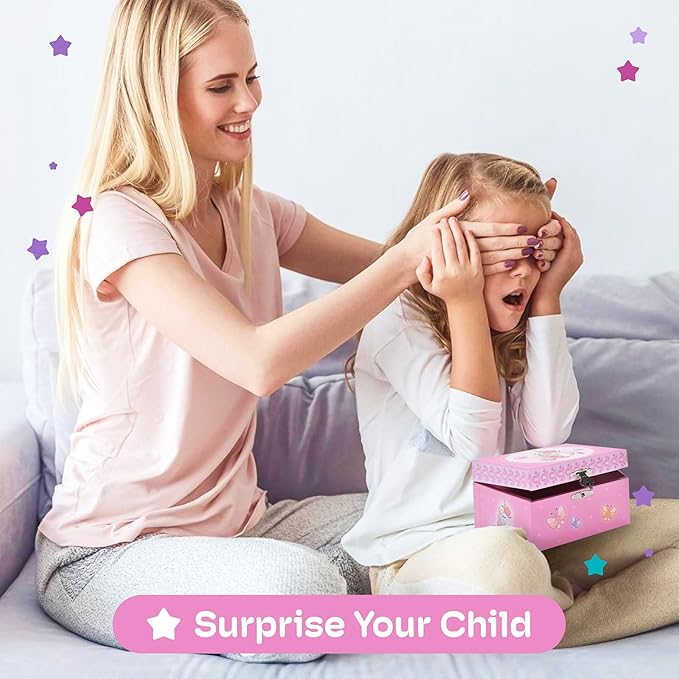 Jewelkeeper Unicorn and Butterfly Themed Jewellery Box Pink for Girls - Wooden Jewelry Box with Velvet Lining for Little Girl's Necklaces and Accessories - Spinning Unicorn Doll, Toys for Girls-BubblyBeeBaby