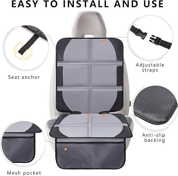 Car Seat Protector, 2 Pack Baby CarSeat Covers with Mesh Pockets & Non-Slip Backing 600D Durable Seat Protectors Under Car Seat for Baby(Gray, Large)-BubblyBeeBaby