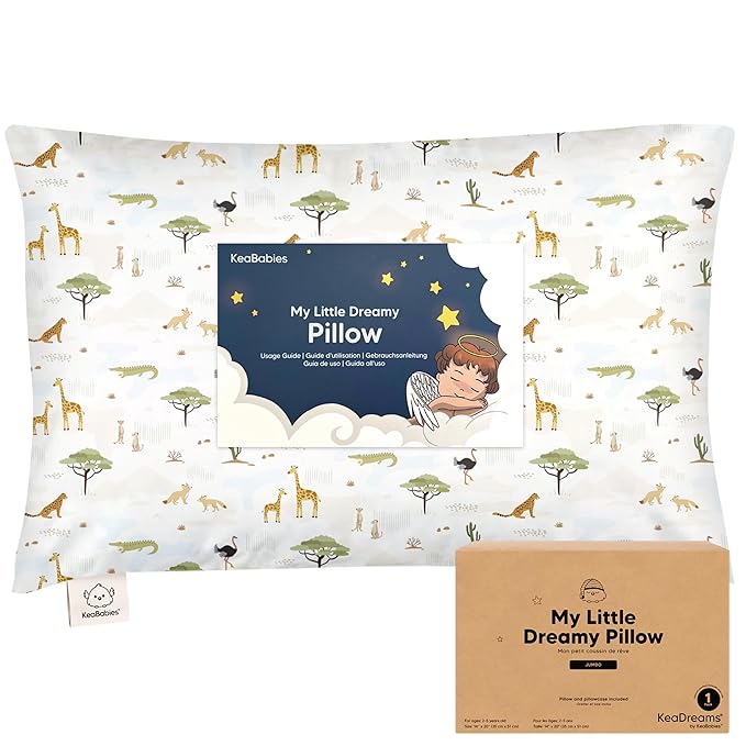 KeaBabies Toddler Pillow with Pillowcase, Jumbo 14X20 - Soft Organic Cotton Toddler Pillows for Sleeping - Machine Washable - Perfect for Travel, Toddler Bed Set (Grasslands)-BubblyBeeBaby
