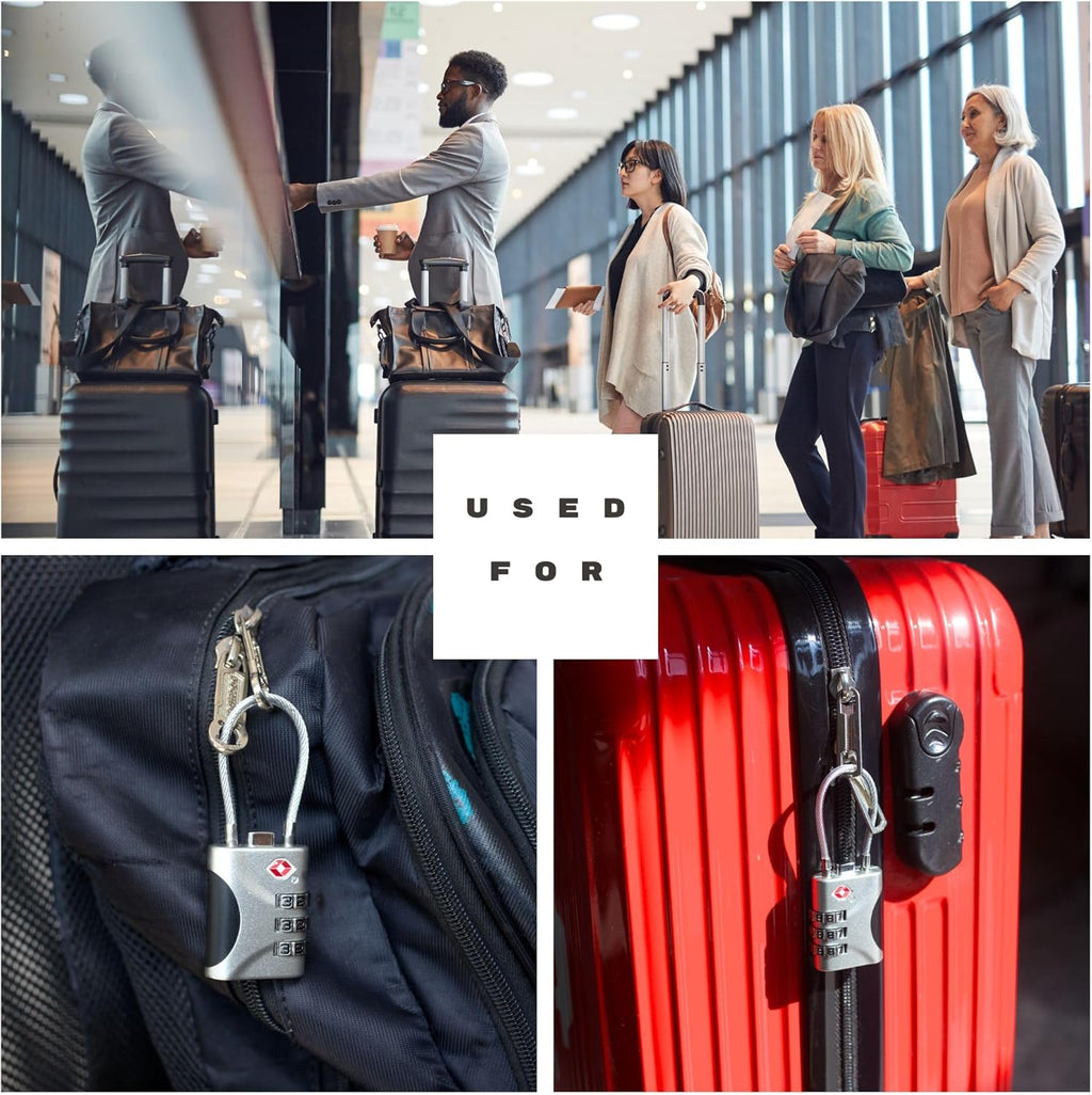 Travel Luggage Locks TSA Approved, Small Combination Padlock with Cable, Combo TSA Lock for Suitcase, Locker & Gym, Cabinet, Bag Zipper, Lock with Code for Travel Accessories (Silver)