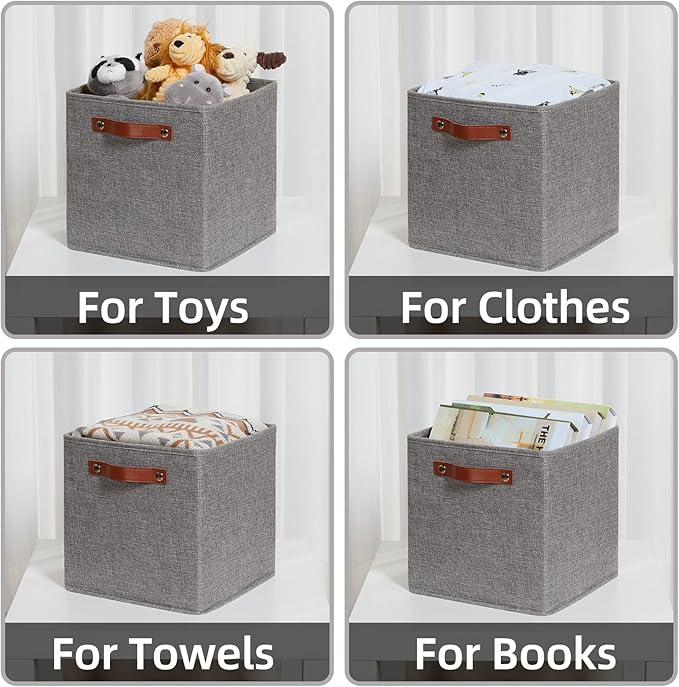 HNZIGE Shelf Storage Cubes Bins for Organizing, Set of 4, Cabby Fabric Cube 11x11 Closet Organizer with Handles (Gray)-BubblyBeeBaby