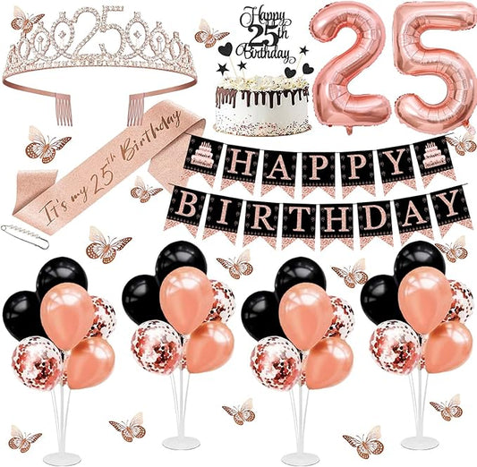 25th Birthday Decorations for Women - 56pcs Rose Gold Happy 25th Banner, Rhinestone Crown & Sash, Cake Topper, 40 Balloons, 3D Butterflies & 4 Balloon Stands (25)-BubblyBeeBaby