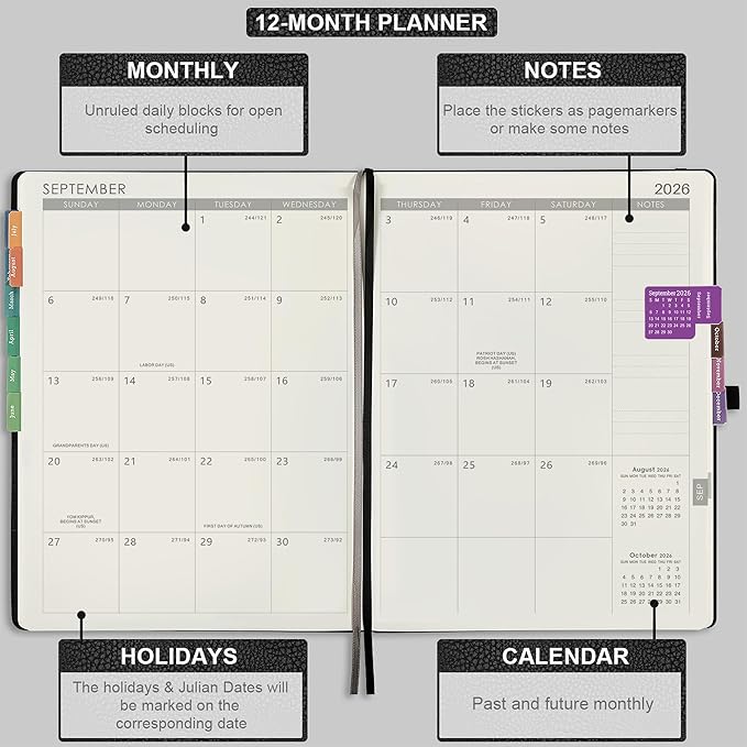2026 Planner - JAN 2026 - DEC 2026, Planner Weekly and Monthly, Calendar Planner, 8.5" x 11", Leather Cover Planner with Thick Paper, Back Pocket with Notes Pages, Black-BubblyBeeBaby