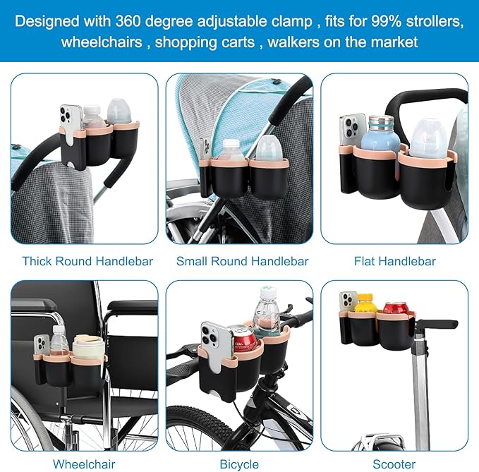Accmor Stroller Cup Holder with Phone Holder, Bike Cup Holder, Universal Cup Holder for Uppababy Nuna Doona Strollers, 2-in-1 Cup Phone Holder for Stroller, Bike, Wheelchair, Walker, Scooter-BubblyBeeBaby