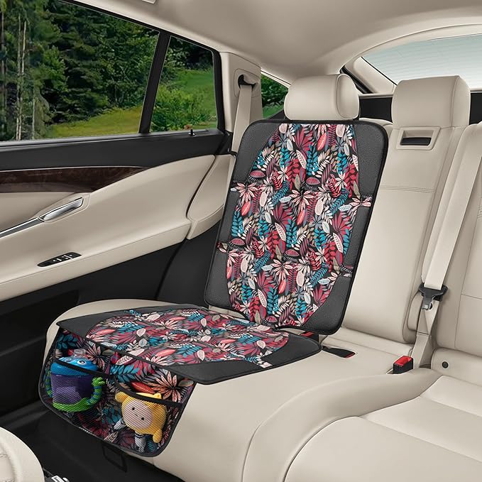 Car Seat Protector for Child Car Seat, 2 Pack Baby Car Seat Covers with Mesh Pockets & Non-Slip Backing 600D Durable Seat Protector Under Baby Car Seat for Car Back Seat (Red Leaves, Large)-BubblyBeeBaby