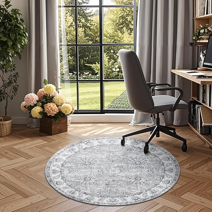 jinchan Round Rug 4ft Area Rug - Indoor Vintage Hallway Circle 4' Washable - Ultra-Thin Low Pile Soft Small Non Slip Distressed Floral Print for Living Room Dining Room Bedroom Entryway Grey-BubblyBeeBaby
