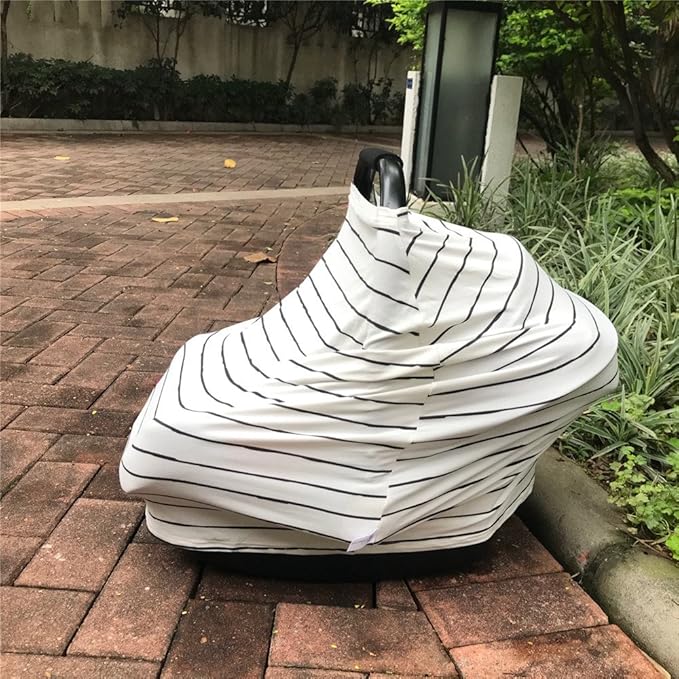 Car Seat Cover Baby – Multi-use Nursing Cover-Up for Breastfeeding, Carseat Canopy Cover, Stretchy Infant Stroller Covers for Boys and Girls (White with Black Stripes)-BubblyBeeBaby