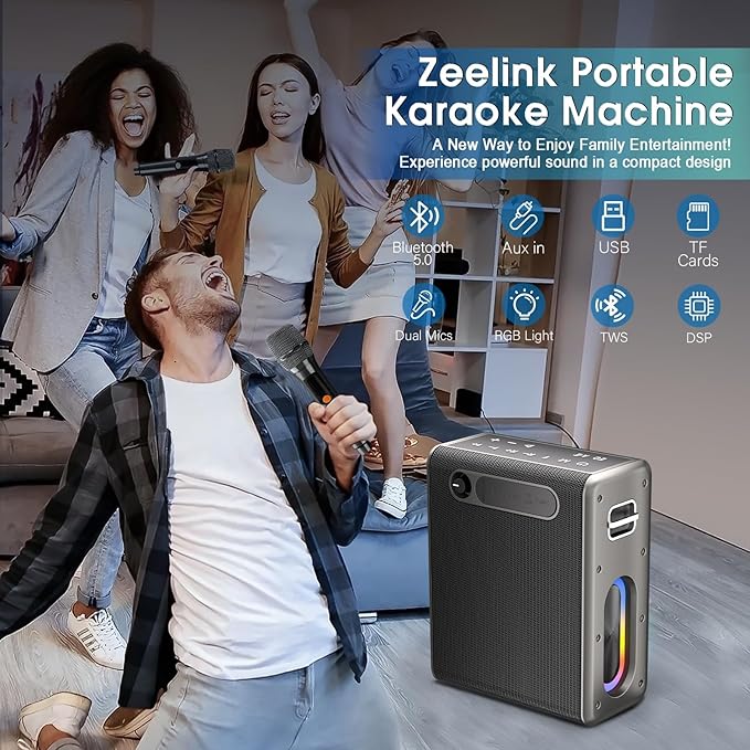 Karaoke Machine with Two Wireless Microphones, Powerful Portable Bluetooth Speaker for Adults & Kids, PA System with 2 Voice Mode, LED Lights, Supports BT/TWS/AUX/USB/TF for Party (Black+Sliver)-BubblyBeeBaby
