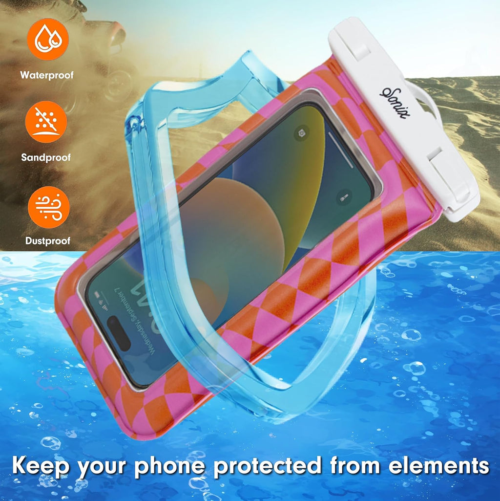 Sonix Waterproof Phone Pouch - Floating Phone Case Dry Bag w/Crossbody Lanyard - Beach Cruise Travel Essentials - Compatible w/All Devices, Touchscreen Friendly | Checkmate Pink/Orange