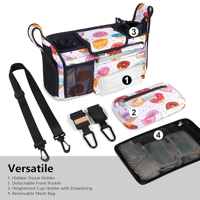 TOPDesign Universal Baby Stroller Organizer, Stroller Caddy with Detachable Mesh Bag & Heightened Insulated Cup Holders & Non-Slip Secure Hooks Accessories, Fits Most Strollers (Donuts)-BubblyBeeBaby