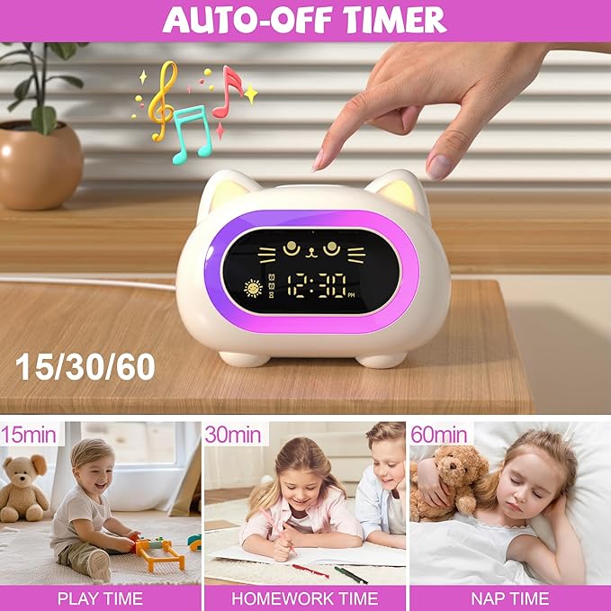 Honesorn Alarm Clock for Kids, Ok to Wake Clock for Kids, Cute Cat Kids Alarm Clock for Girls Boys Toddler, Kids Clock with 10 Night Lights, 7 Soothing Sounds, Auto-Off Timer, Child Lock, Cream White-BubblyBeeBaby
