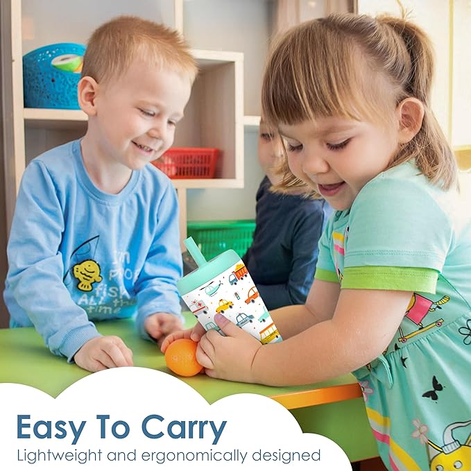 Kid Insulated Stainless Steel Tumbler with Silicone Straw, 12oz Sippy Cup for Kids (Transportation)-BubblyBeeBaby