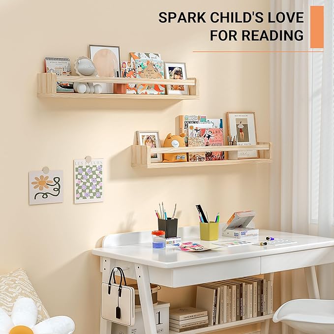 Heimlove 32 Inch Nursery Floating Shelves, Wood Nursery Book Shelves for Wall, Wall Bookshelf for Kids Solid Wood Wall Mounted Shelves for Books,Toys and Decor Storage, Set of 2-BubblyBeeBaby