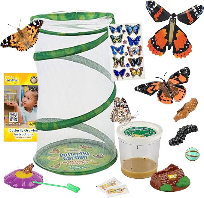 Insect Lore Butterfly Garden - 8" Habitat with 5 Live Baby Caterpillars - Includes Life Cycle Figurines, Stickers, Wind up, Mini Habitat | Birthday or Teacher Gift Set-BubblyBeeBaby