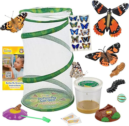 Insect Lore Butterfly Garden - 8" Habitat with 5 Live Baby Caterpillars - Includes Life Cycle Figurines, Stickers, Wind up, Mini Habitat | Birthday or Teacher Gift Set-BubblyBeeBaby