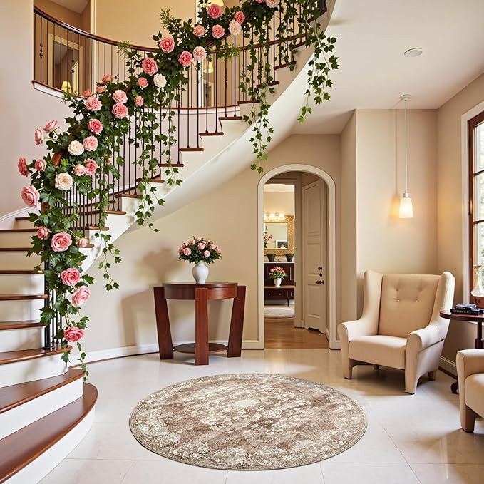 jinchan Round Rug 4ft Area Rug - Brown Vintage Floor Mat Kitchen Indoor - Washable Circle 4' Thin Floral Print Carpet Retro Farmhouse Non Slip Dining Room Living Room Bedroom Office-BubblyBeeBaby