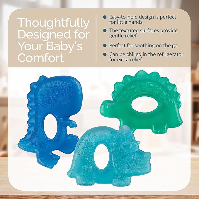 Itzy Ritzy Water-Filled Teethers - Cold Cutie Coolers Textured On Both Sides to Massage Sore Gums & Emerging Teeth - Can Be Chilled in Refrigerator, Set of 3 Coordinating Dinosaur Water Teethers-BubblyBeeBaby