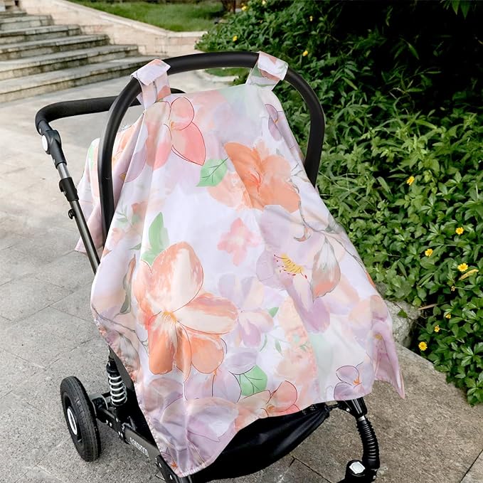 Car Seat Cover Baby, Infant Car Seat Canopy Covers for Newborn Girls Boys, Soft Minky Carseat Covers Stretchy Multi-Use Nursing Cover for Stroller Baby Car Seat, Purple Floral-BubblyBeeBaby