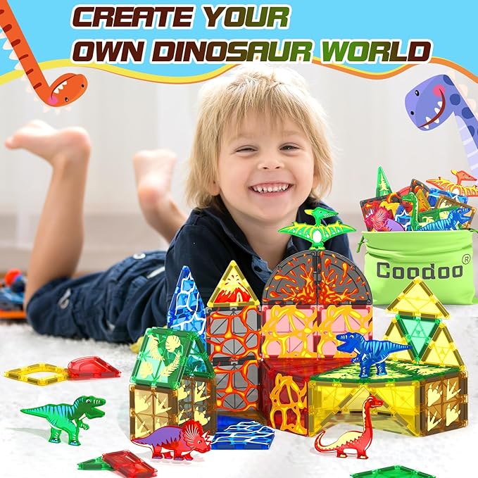 102PCS Dinosaur Toys Magnetic Tiles with 8 Dinosaurs - Jurassic Scenes Dinosaur World Adventure Set, Magnetic Blocks Kids Toys for Boys & Girls Ages 3+, Sensory Toddler Creative Kids Games Gifts-BubblyBeeBaby