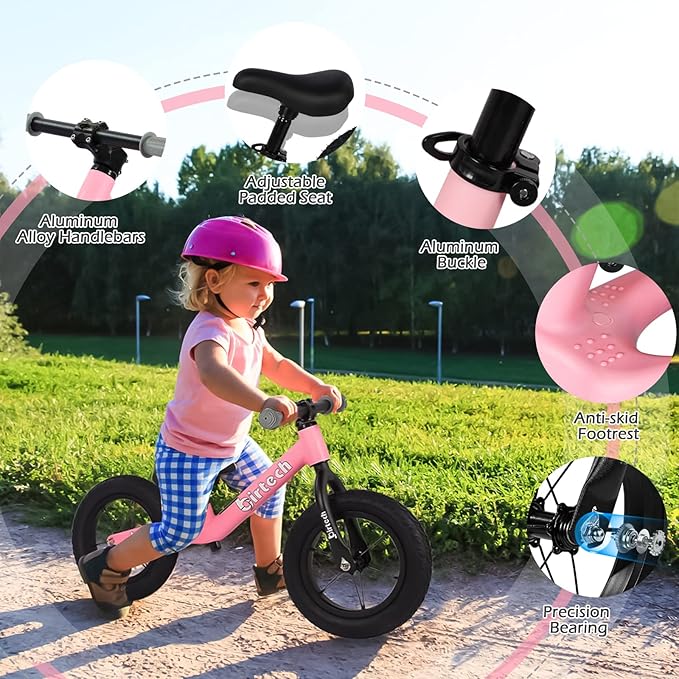 12" Balance Bike for 2, 3, 4, 5 Year Old Boys and Girls, Lightweight Nylon Frame Toddler Training Bike No Pedal Bikes for Kids with Adjustable Seat and Air Tires-BubblyBeeBaby