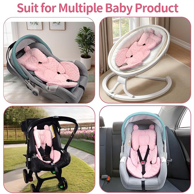 3in1 Reversible Carseat Head Body Support Newborn,3D Minnky Infant Car Seat Insert,Extra Soft Breathable Baby Car Seat Pillow Cushion Boys Girls,fit Stroller,Bouncer,Swing(Pink)-BubblyBeeBaby