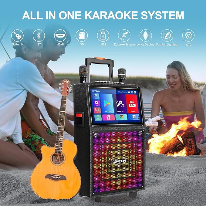 Karaoke Machine with Lyrics Display Screen for Adults, Built-in 15 Inches Tablet, Bluetooth Speaker with 2 Wireless Mics, 1000W Peak Power, DJ Lights, Portable Karaoke System for Any Occasion-BubblyBeeBaby