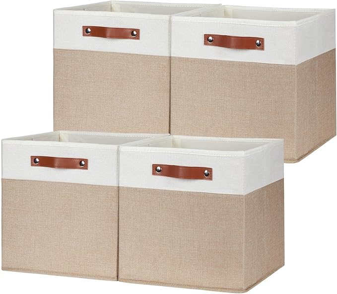 HNZIGE Fabric Baskets for Organizing 13x13 Storage Cubes, Set of 4 Fabric Foldable Canvas Storage Bins for Shelves, Cloth Storage Bins for Cube Organizers Toy Nursery Closet Bedroom?Beige&White?-BubblyBeeBaby