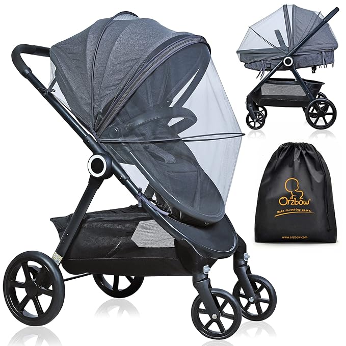 Orzbow Universal Mosquito Net for Stroller, Baby Bug Net with Two-Way Zippers & Storage Bag, Breathable & Foldable Mosquito Netting for Strollers, Car Seat, Bassinet, Portable Mini Crib, Dark Grey-BubblyBeeBaby