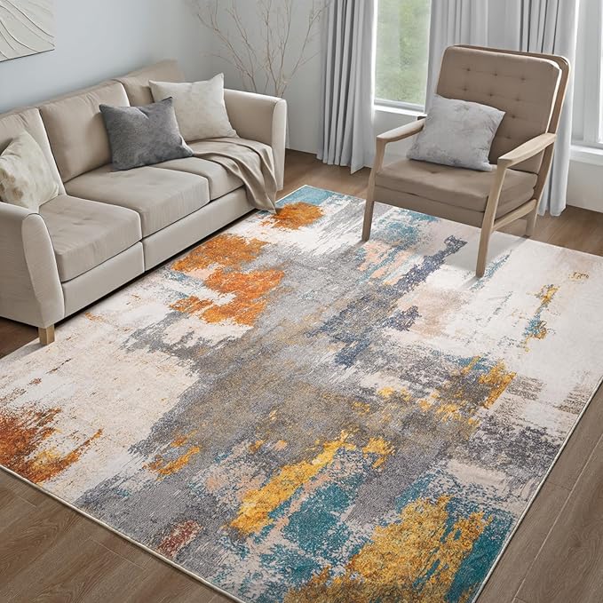 Kelarea Living Room Rug, 5x7 Rug Modern Abstract Washable Rugs Grey Faux Wool Vintage Carpets, Non Slip Rug for Bedroom, Dining Room, College Dorm, Kids Playroom, Home Office-BubblyBeeBaby