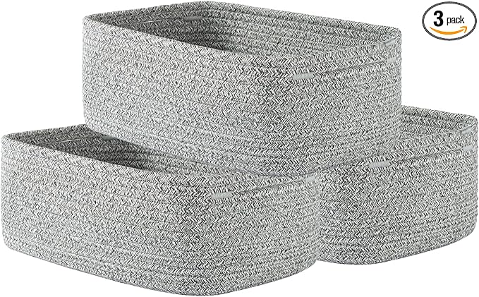 KALLAX Small Woven Basket, 12 x 8 x 4.5 Inches, Storage Basket for Organizing, Cute Small Rope Shelf Closet Cube Storage Bins Baskets for Shelves, Dog Toy Gift Baskets Empty, 3 Packs, Mixed Grey-BubblyBeeBaby