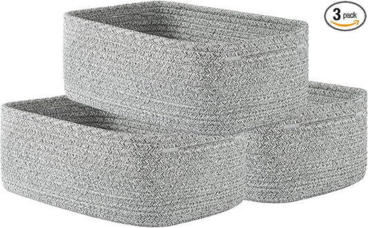 KALLAX Small Woven Basket, 12 x 8 x 4.5 Inches, Storage Basket for Organizing, Cute Small Rope Shelf Closet Cube Storage Bins Baskets for Shelves, Dog Toy Gift Baskets Empty, 3 Packs, Mixed Grey-BubblyBeeBaby
