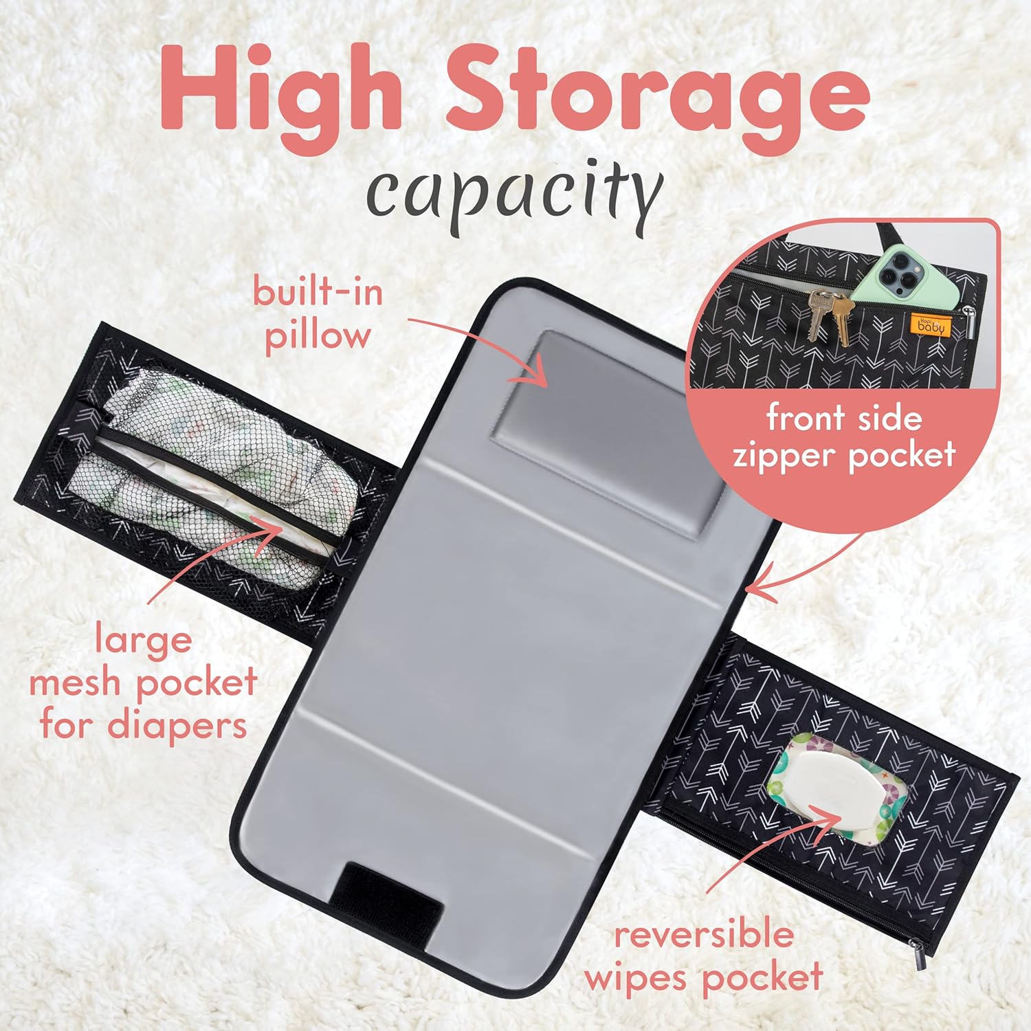 Kopi Baby Portable Diaper Changing Pad - Baby Changing Pad & Diaper Changer Travel Bag, Smart Design Baby Changing Mat, Portable Changing Pad for Baby, Baby Changing Station, Infant Gift - Black Arrow