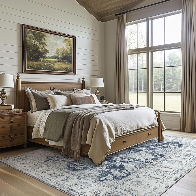 jinchan 6x9 Area Rug for Living Room Machine Washable Vintage Floral Distressed Design Stain Resistant Boho Carpet Ultra-Thin Low Pile Non-Slip Rug for Bedroom Dining Room Home Office(6‘x9',Dark Blue)-BubblyBeeBaby