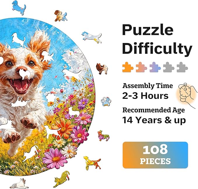 Jigfoxy Wooden Puzzles for Adults, Running Puppy Wood Puzzles Adult, Unique Animal Shape Wooden Jigsaw Puzzles for Adults, Birthday Gifts for Puzzle Lovers, Family, Friend (S-8 * 8.3in-108pcs)-BubblyBeeBaby