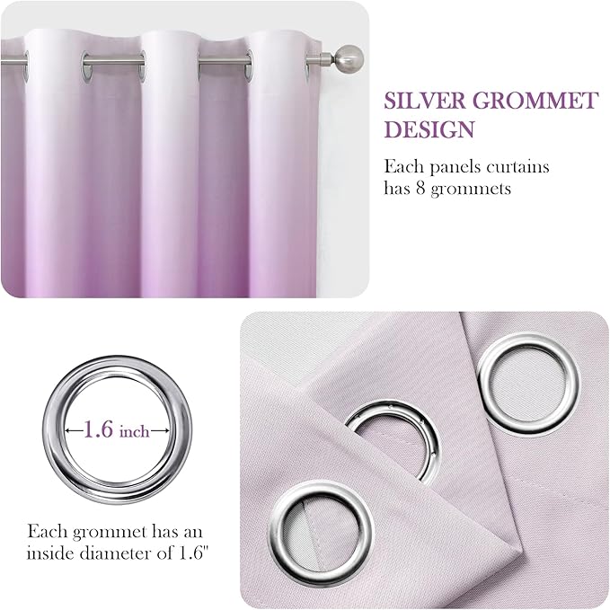 HOMEIDEAS Purple Ombre Blackout Curtains 52 X 96 Inch Length Gradient Room Darkening Thermal Insulated Energy Saving Grommet 2 Panels Window Drapes for Living Room/Bedroom-BubblyBeeBaby