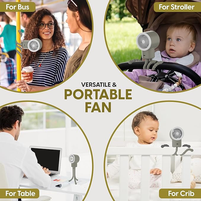 Portable Mini Travel Stroller Fan - Battery Operated, Clip On, Small, Handheld, Rotating, Rechargeable, Personal Fan with Flexible Tripod, 3 Speeds for Baby Crib, Bed Car, Seat Treadmill-BubblyBeeBaby