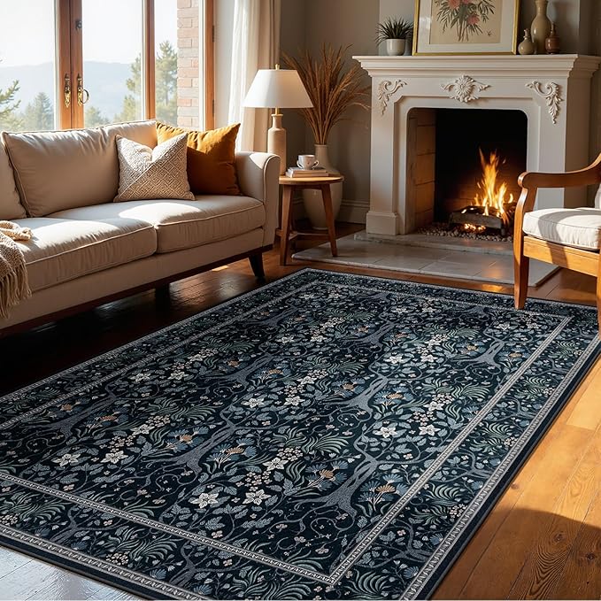 Joydeco Machine Washable Area Rugs 5x7, Boho Floral Rug for Bedroom Non Slip, Soft Forest Botanical Low-Pile Floor Indoor Throw Carpet for Living Dining Room Dorm Office, Blue-Black-BubblyBeeBaby