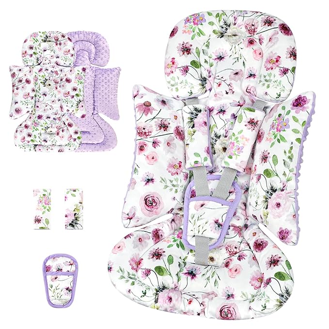 3-in-1 Infant Car Seat Insert, Soft Head and Body Support,Ultra & Strap Covers Set, Reversible Newborn Car Seat Cushion Pad for Baby Boy & Girl fits Stroller, Swing, Bouncer (Purple Flowers)-BubblyBeeBaby