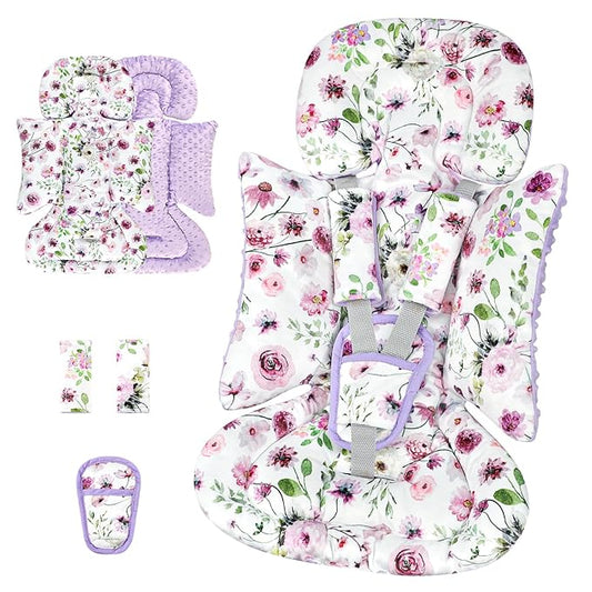 3-in-1 Infant Car Seat Insert, Soft Head and Body Support,Ultra & Strap Covers Set, Reversible Newborn Car Seat Cushion Pad for Baby Boy & Girl fits Stroller, Swing, Bouncer (Purple Flowers)-BubblyBeeBaby