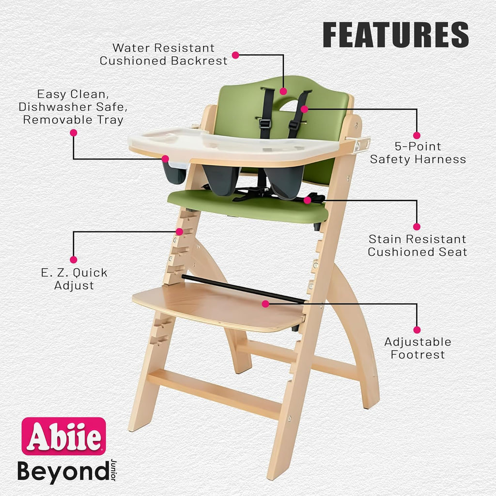 Abiie Beyond Junior Wooden High Chair with Tray - Adjustable and Convertible High Chair for Babies and Toddlers - 6 Months to 250 Lb - Water Resistant - Natural Wood/Olive Cushion