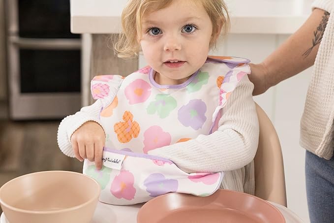 Tiny Twinkle Mess-Proof Baby Bib - Waterproof Bib for Baby Girl - Machine Washable - Adjustable Closure - PVC, BPA, & Phthalate Free - Great for Travel - Baby Food Bibs (3 Pack, Floral Pop)-BubblyBeeBaby