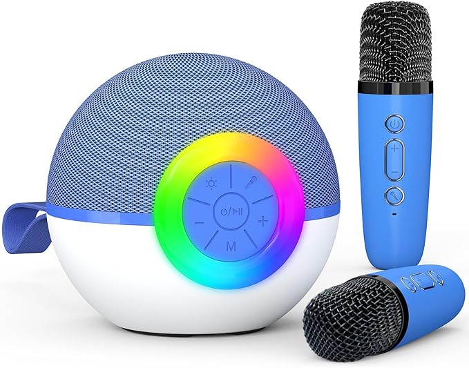 Karaoke Microphone Machine Toys for Kids Adults, Mini Portable Bluetooth Speaker with 2 Wireless Mics, Christmas Birthday Gifts for Boys Girls Ages 3 4 5 6 7 8 9 10 11 12+ Year (Blue)-BubblyBeeBaby