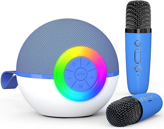 Karaoke Microphone Machine Toys for Kids Adults, Mini Portable Bluetooth Speaker with 2 Wireless Mics, Christmas Birthday Gifts for Boys Girls Ages 3 4 5 6 7 8 9 10 11 12+ Year (Blue)-BubblyBeeBaby